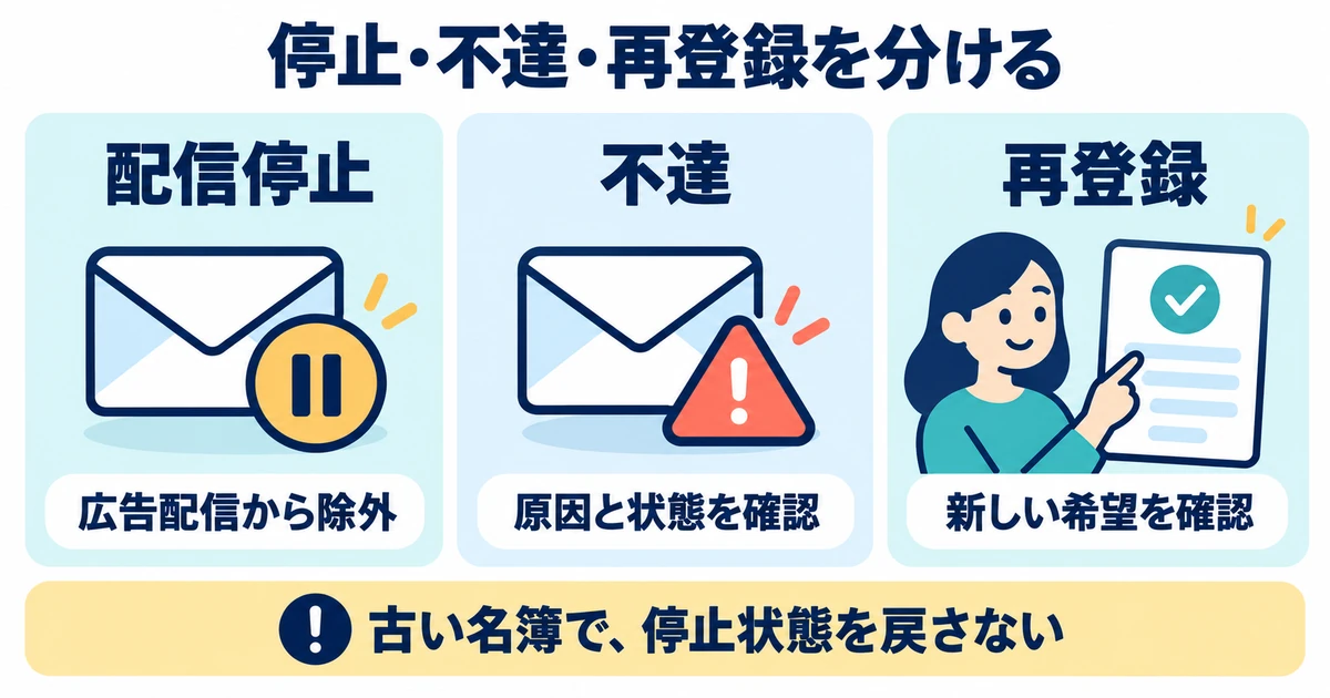 配信停止、不達、再登録を別の処理に分けて管理する状態変更の図