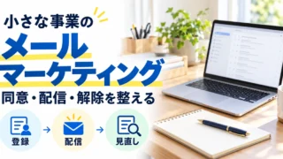 小さな事業のメールマーケティングで登録、配信、見直しを整えるイメージ
