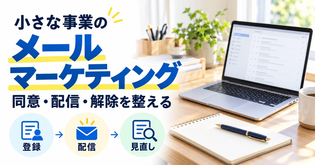小さな事業のメールマーケティングで登録、配信、見直しを整えるイメージ