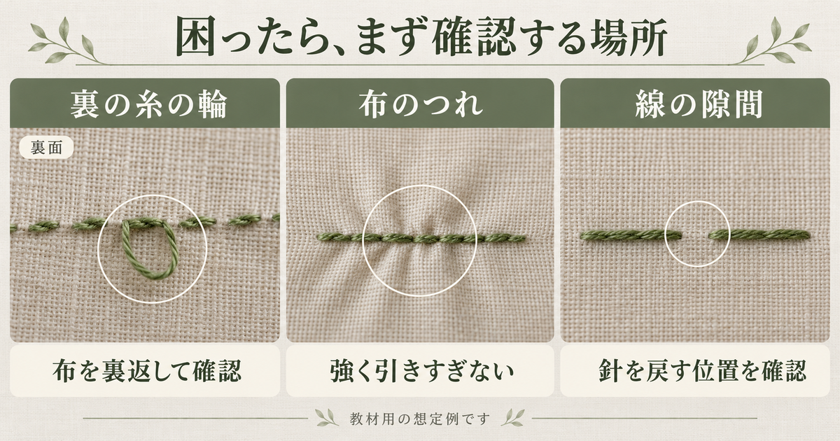 裏の糸の輪、布のつれ、線の隙間の確認位置を示す想定例