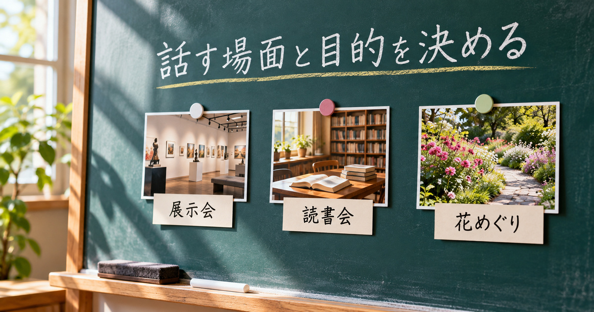 展示会・読書会・花めぐりの架空の場面から会話の目的を選ぶ、教室準備の生成イメージ