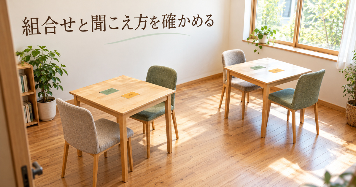 二組が向かい合って会話できる席と間隔を考える、架空の教室配置イメージ