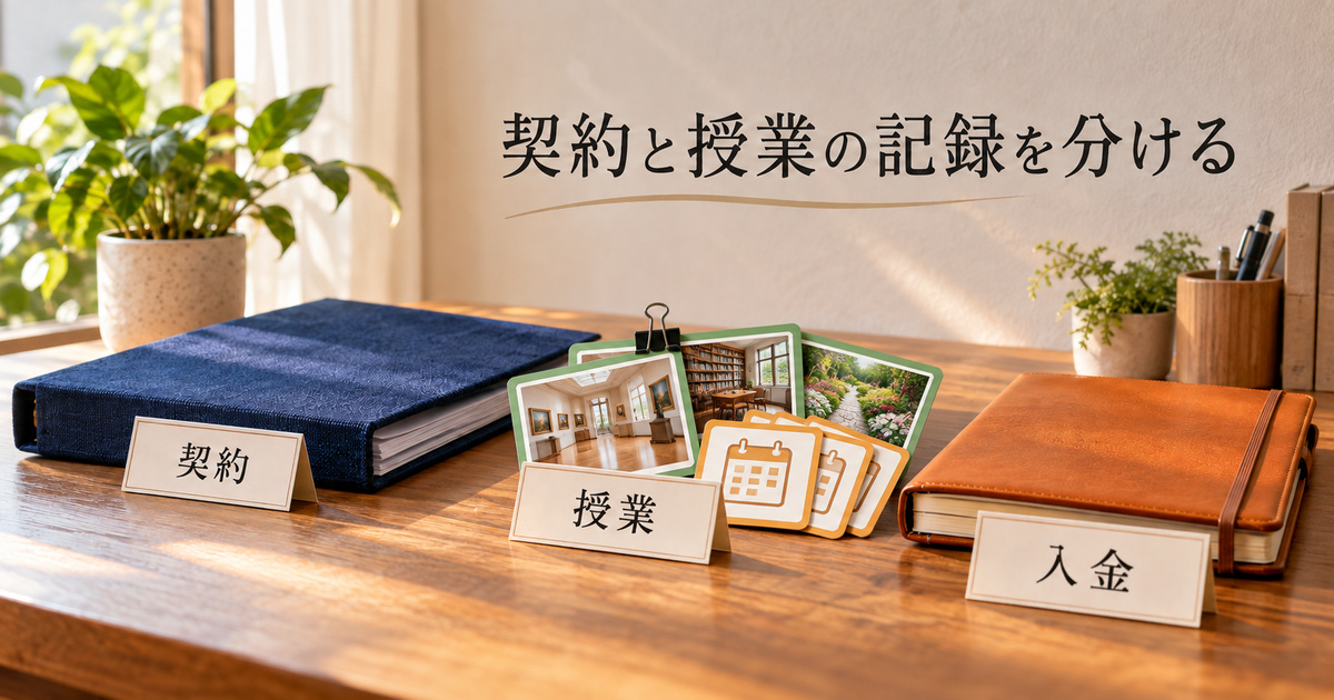 契約・授業・入金を別々に対応させて残す、架空の記録準備の生成イメージ