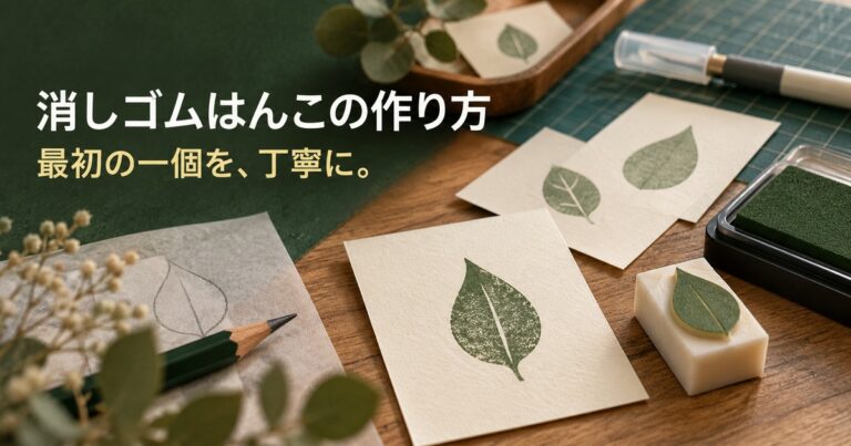 消しゴムはんこと葉やしずくの試し捺しを並べた制作イメージ