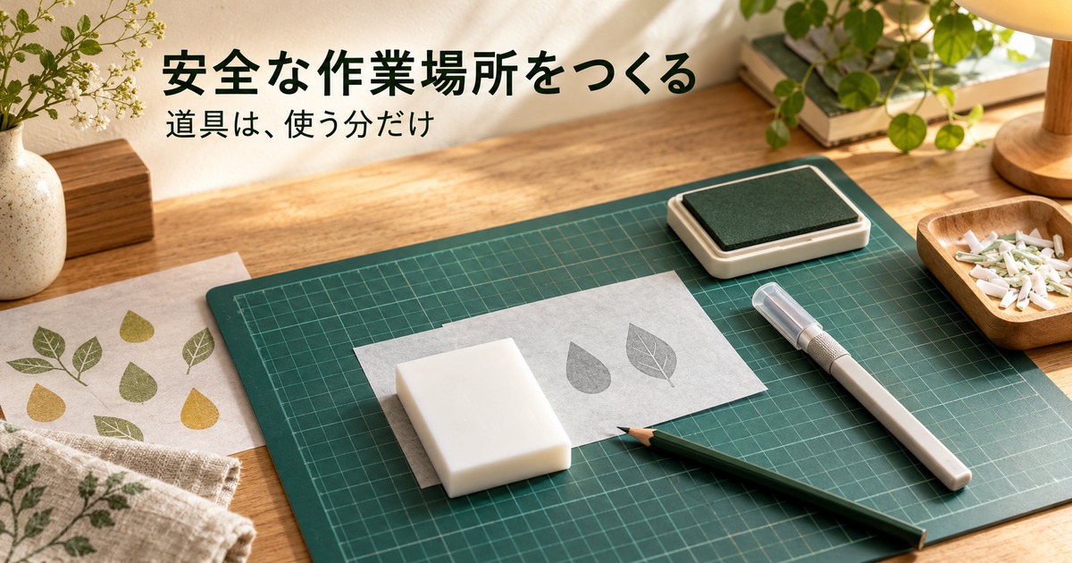 作業マットにキャップ付きナイフや専用消しゴムを整理した安全な作業場所