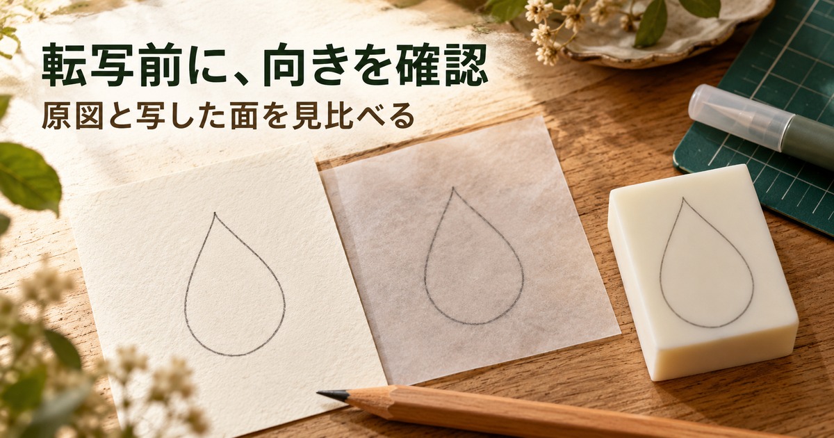 しずくの原図とトレーシングペーパー、図案を写した消しゴムを並べたイメージ