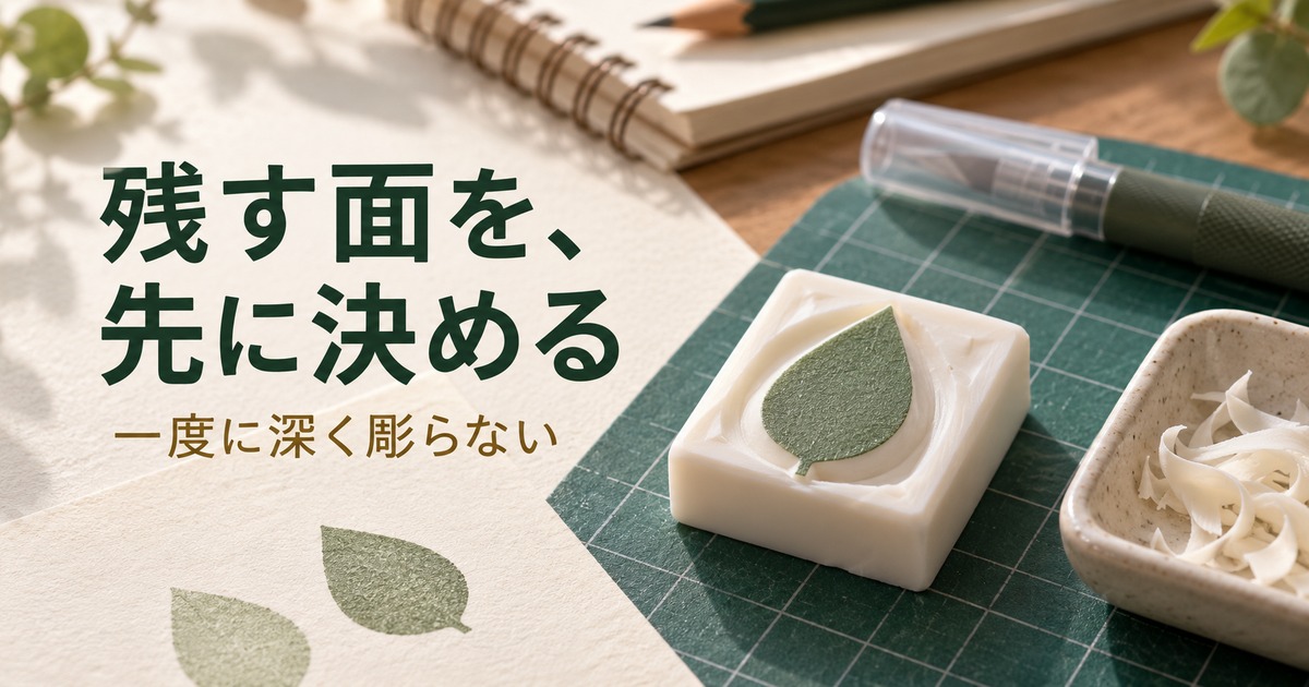 葉の印面を周囲より高く残した消しゴムと削りかす