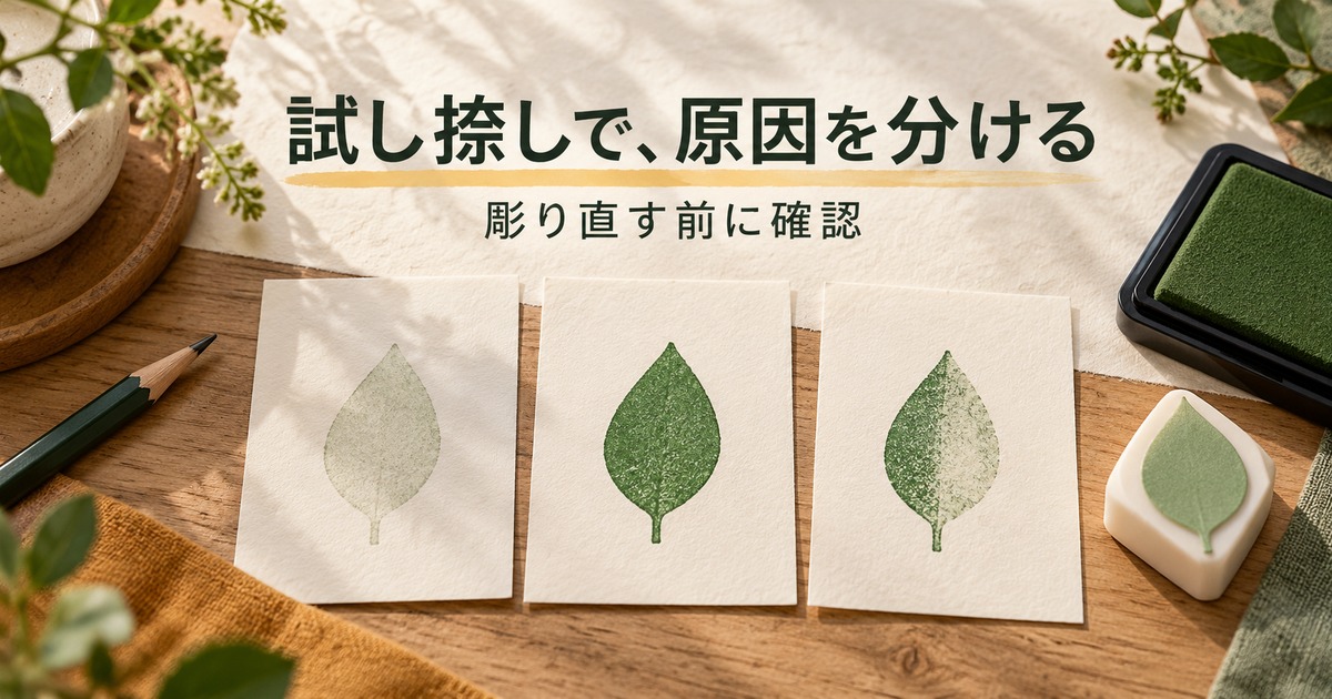 濃淡や片側のかすれが異なる葉の試し捺しを見比べる3枚のカード