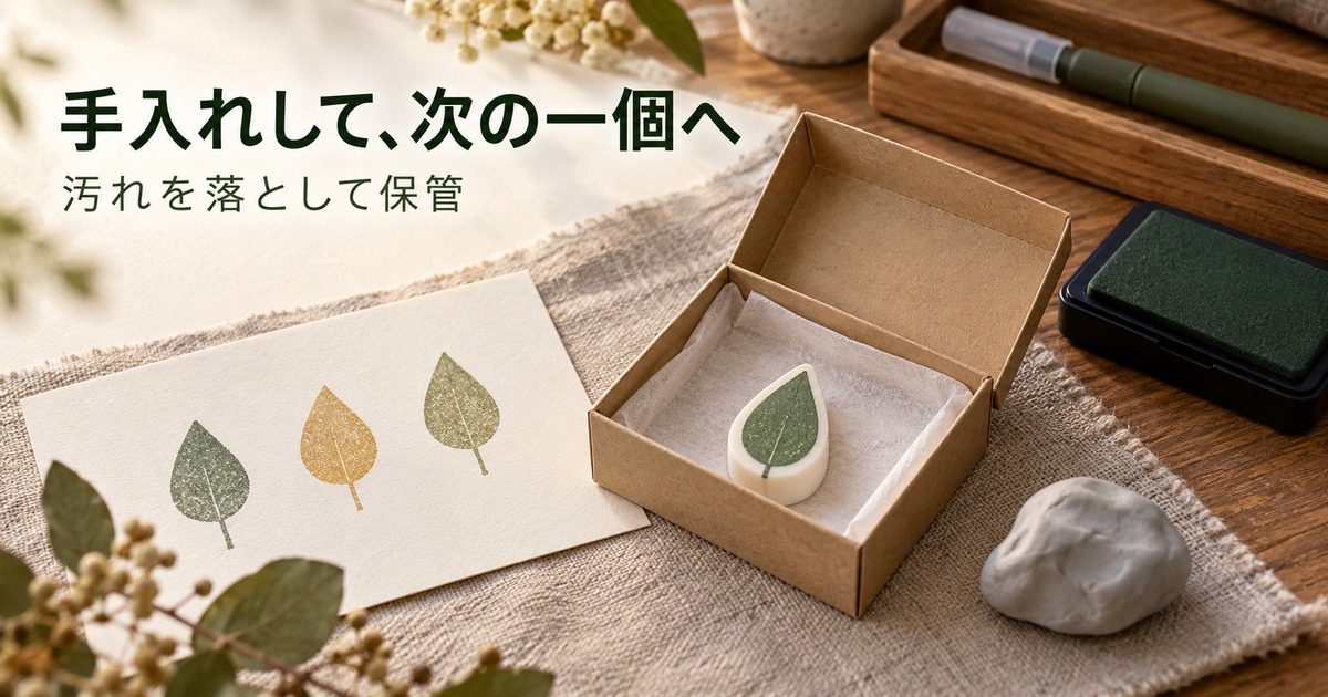 紙を敷いた箱に印面を上にして置いたはんこと掃除用ねりけし