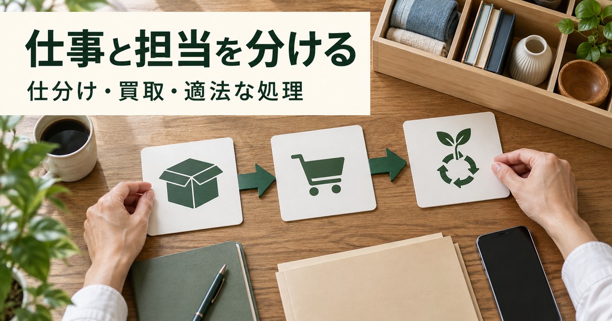 整理作業と別事業者の役割を工程別に計画する架空の机上場面