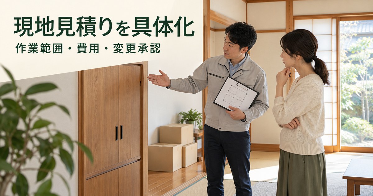 整理担当が室内の条件と作業範囲を現地で確認する架空の場面
