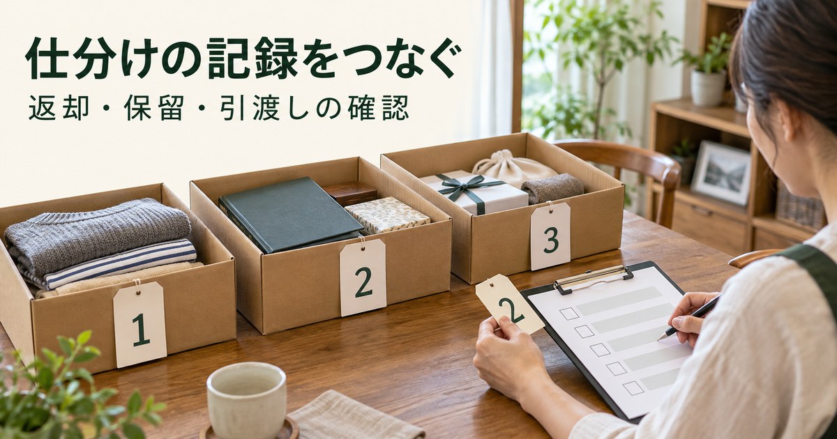番号札を使い返却品と保留品を分けて記録する架空の仕分け場面