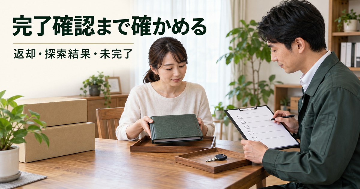 返却する品と完了記録を依頼者と照合する架空の確認場面