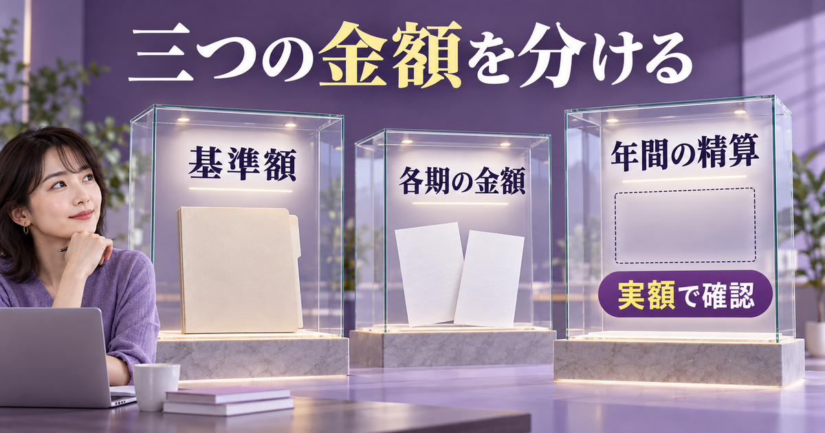基準額、各期の金額、実額で確認する年間精算を別々に整理する