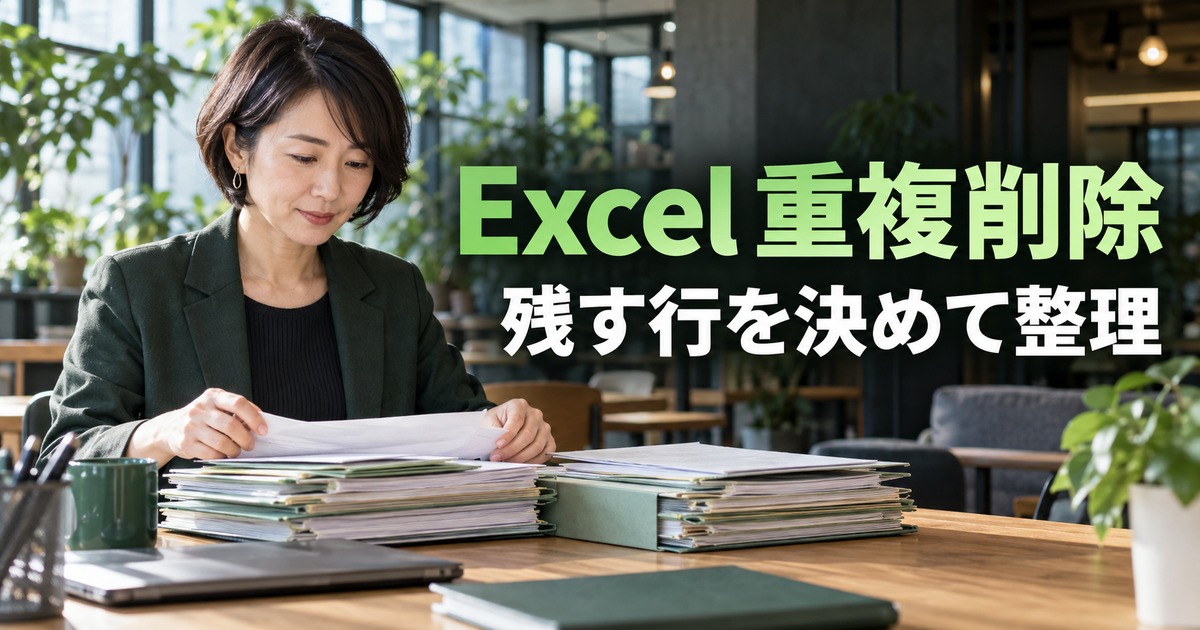 Excel 重複削除：重複データ整理の考え方を示す生成イメージ