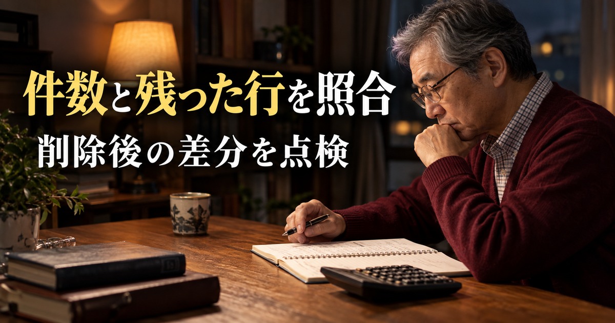 件数と残った行を照合:重複データ整理の考え方を示す生成イメージ