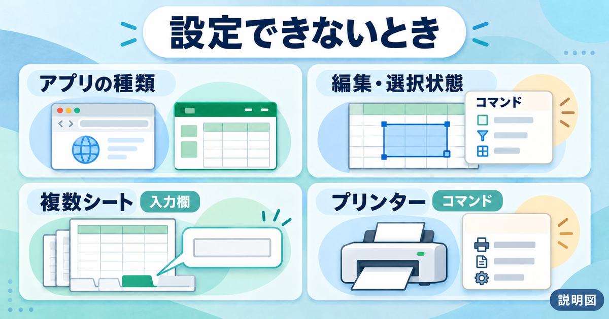 印刷タイトルを設定できない場合にアプリと編集状態と対象シートとプリンターを確認する図