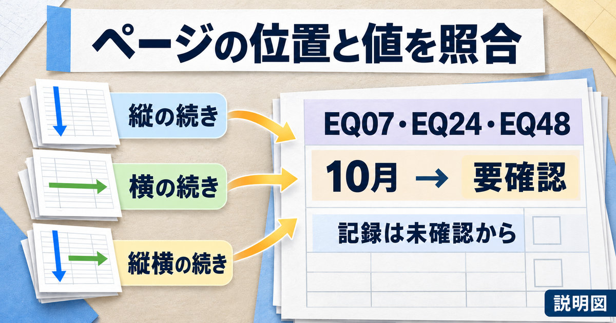 ページの位置と備品IDと月別の値を元表に照合して結果を記録する図