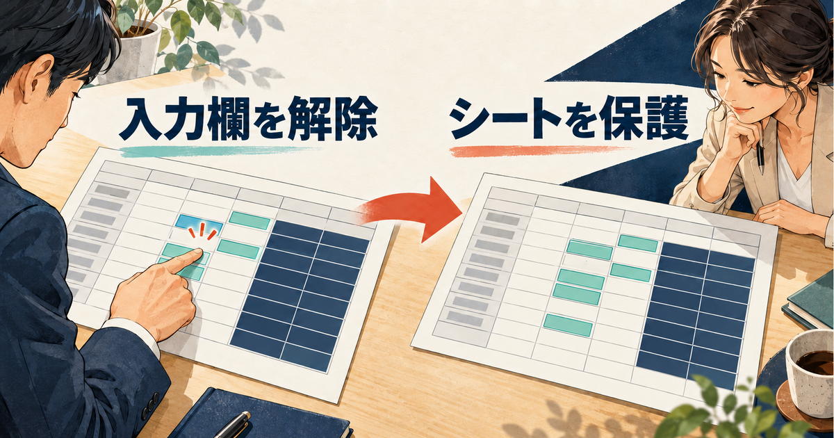 入力欄のロック解除からシート保護へ進む2段階の設定順序
