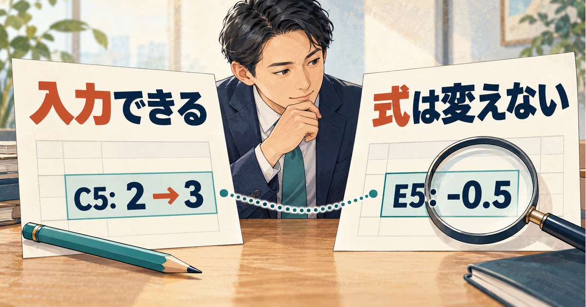 C5の入力変更とE5の数式維持を別々に点検する図