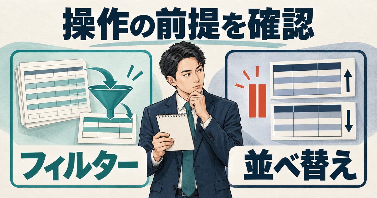 既存フィルターの利用とロック範囲の並べ替えを分けて確認する図