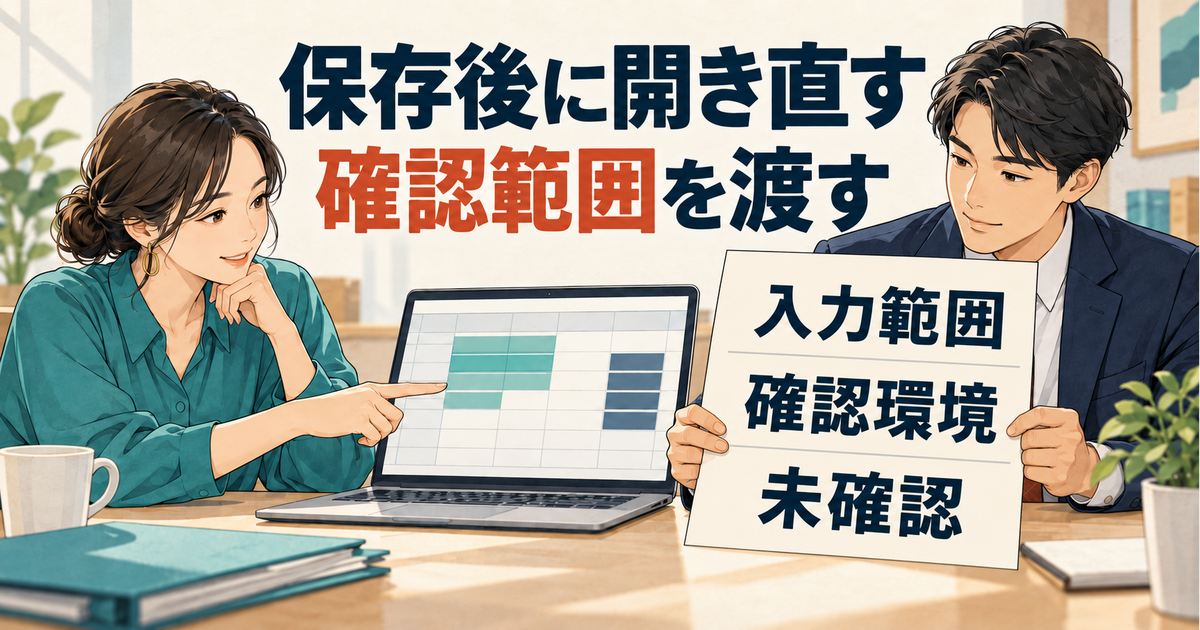 保存後に開き直した表と入力範囲や確認環境の記録を受け渡す図