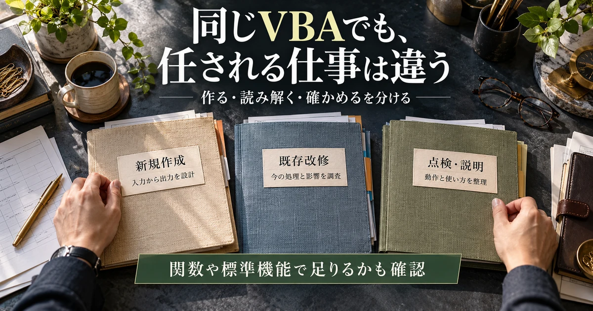 VBAの新規作成、既存改修、点検と説明を並列で比較する生成画像