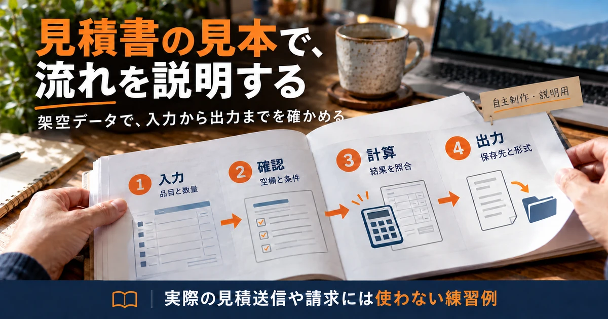 架空の見積書を使い、入力、確認、計算、出力の4段階を試す説明用生成画像