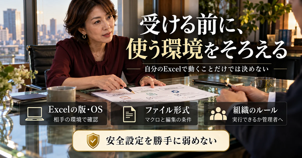 Excelの版とOS、ファイル形式、組織のマクロ利用ルールを確認する生成画像