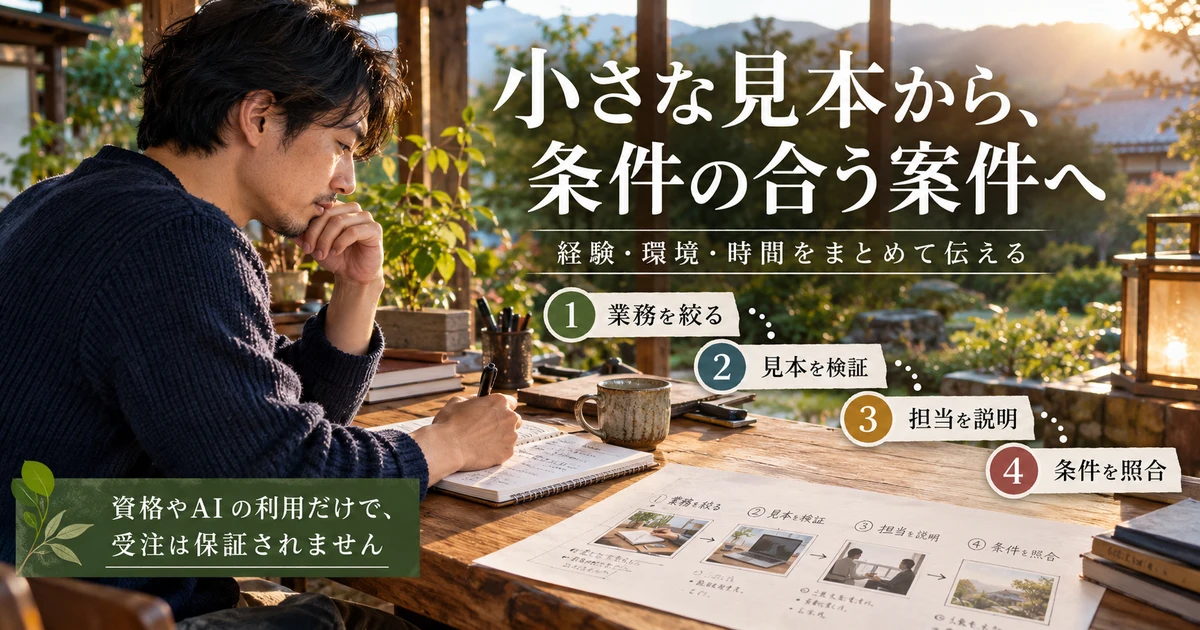 業務を絞り、見本を検証し、担当と案件条件を整理する4段階の生成画像