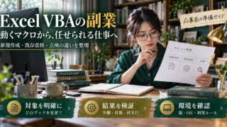Excel VBA副業の担当範囲、結果の検証、利用環境を整理する説明用生成画像