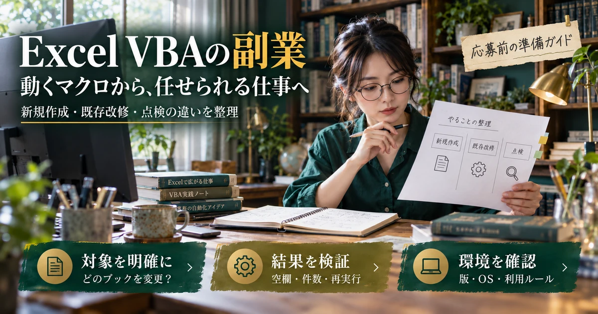 Excel VBA副業の担当範囲、結果の検証、利用環境を整理する説明用生成画像