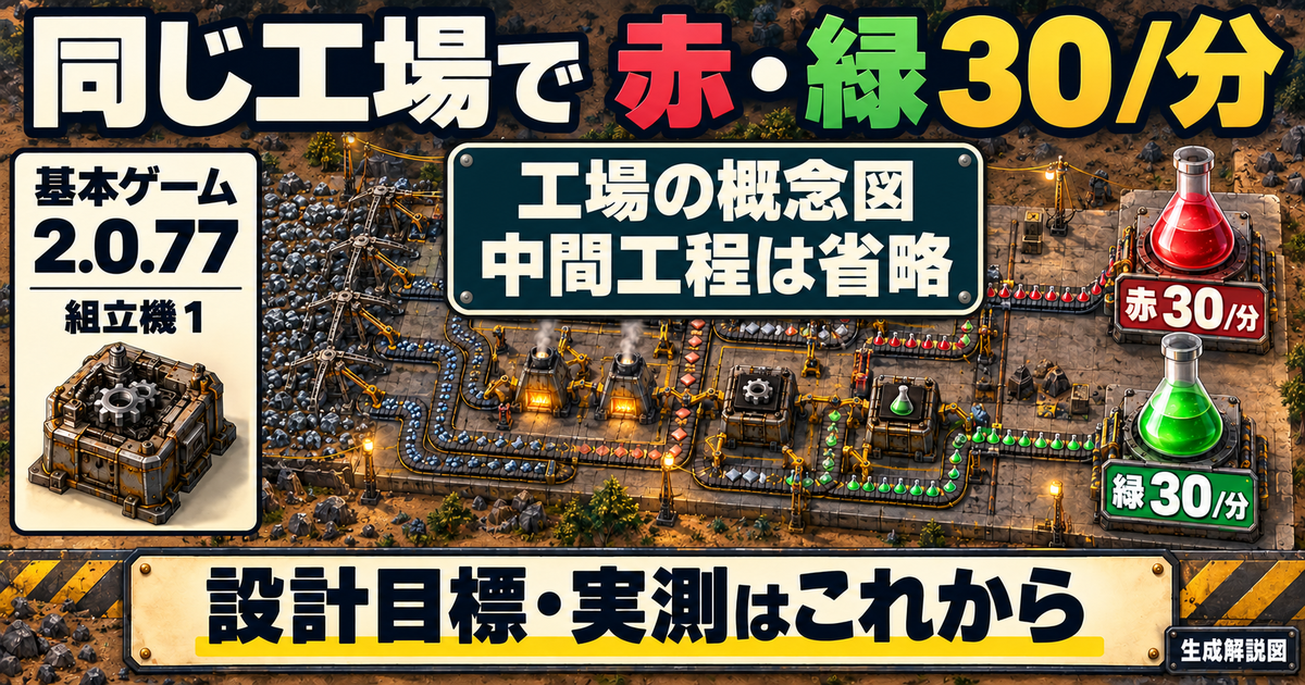 Factorio基本ゲーム2.0.77と組立機1を対象に、同じ工場で赤・緑各30個毎分を目指す設計目標の生成解説図