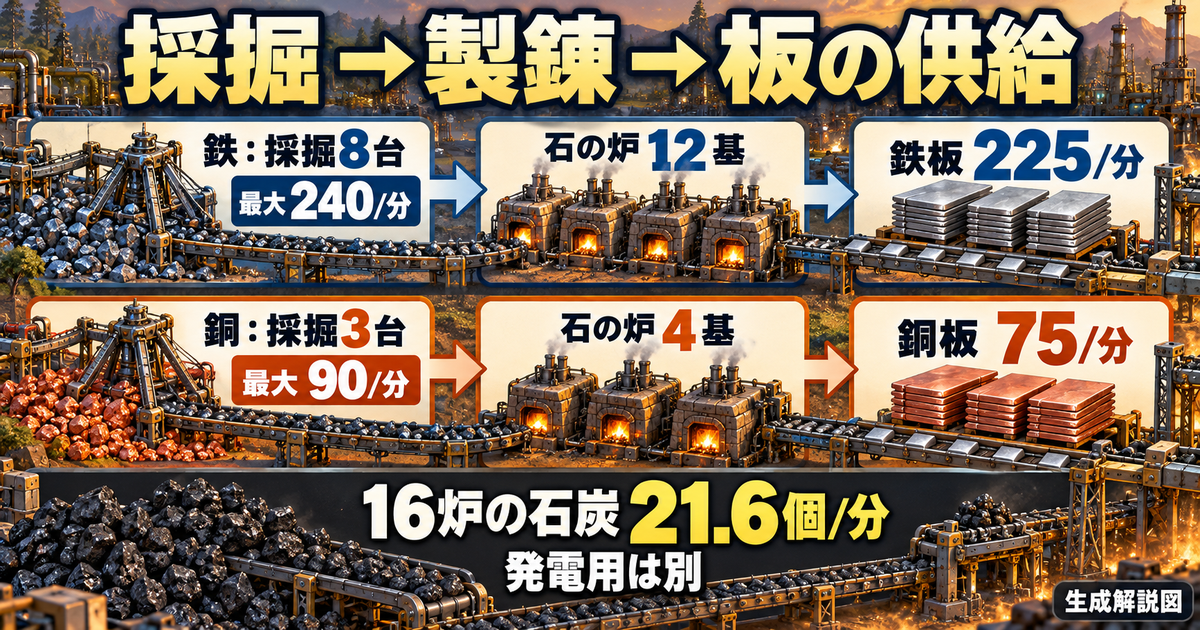鉄は採掘8台の最大240鉱石毎分から石の炉12基で鉄板225枚毎分、銅は採掘3台の最大90鉱石毎分から炉4基で銅板75枚毎分へつなぐ図。16炉の石炭21.6個毎分は発電分を含まない