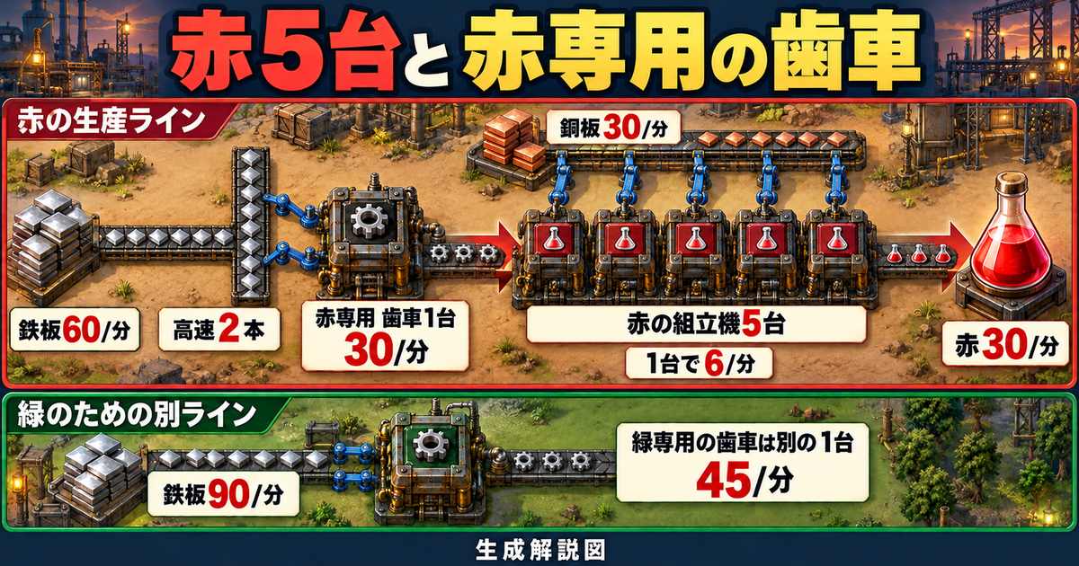 赤専用の歯車組立機1台へ鉄板60枚毎分を高速インサータ2本で入れ、歯車30個毎分と銅板30枚毎分を赤サイエンス組立機5台へ届ける図。緑専用歯車1台45個毎分は別の枝
