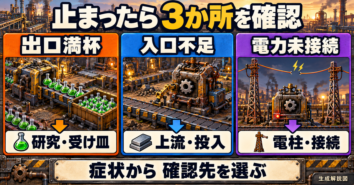 出口満杯なら研究と受け皿、入口不足なら上流と投入、電力未接続なら電柱と接続を確認する三つの症状別切分けの生成解説図