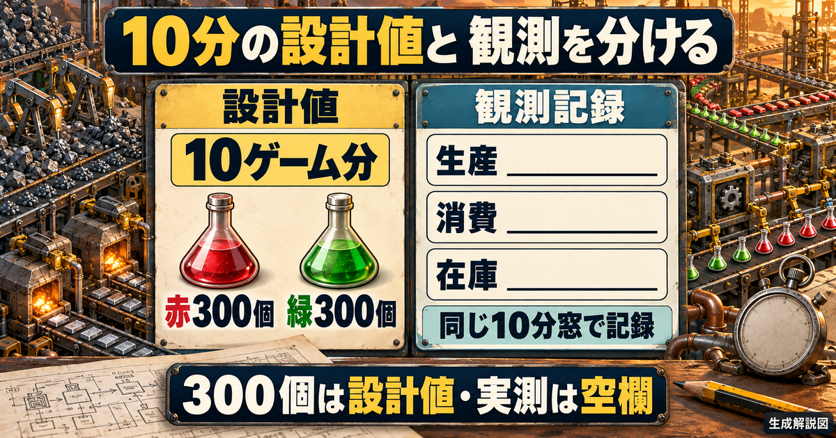 10ゲーム分の設計値は赤300個・緑300個と示し、生産・消費・在庫の観測記録欄は空欄にした図。300個の実測達成を示すものではない