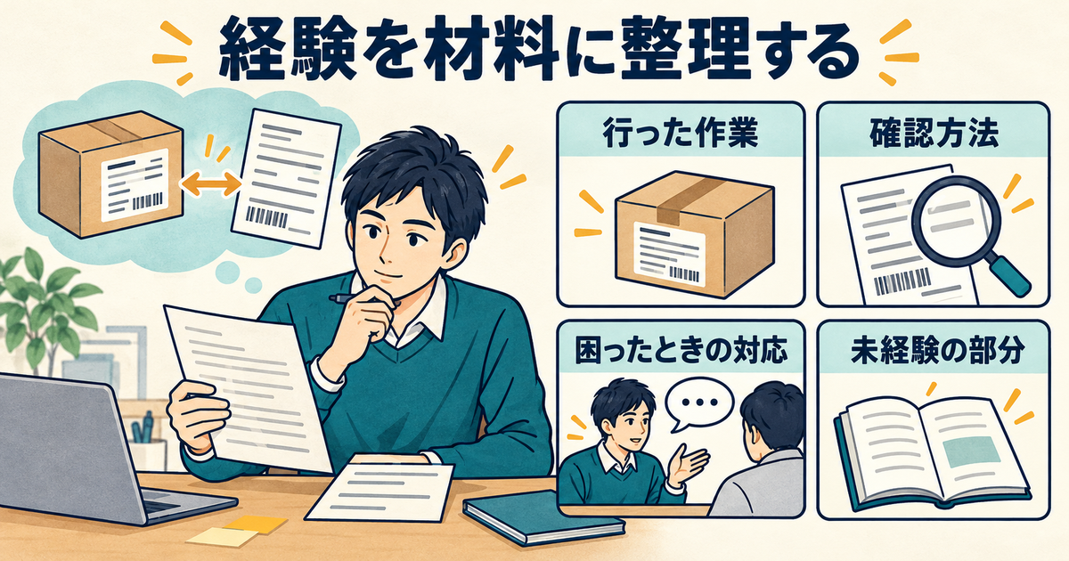 実際の作業経験と確認方法、相談した場面、未経験部分を整理する図