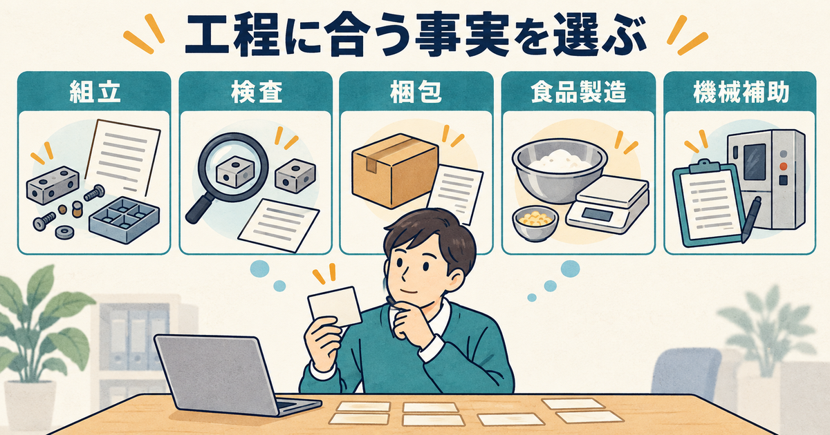 組立、検査、梱包、食品製造、機械補助の募集に経験を対応させる図