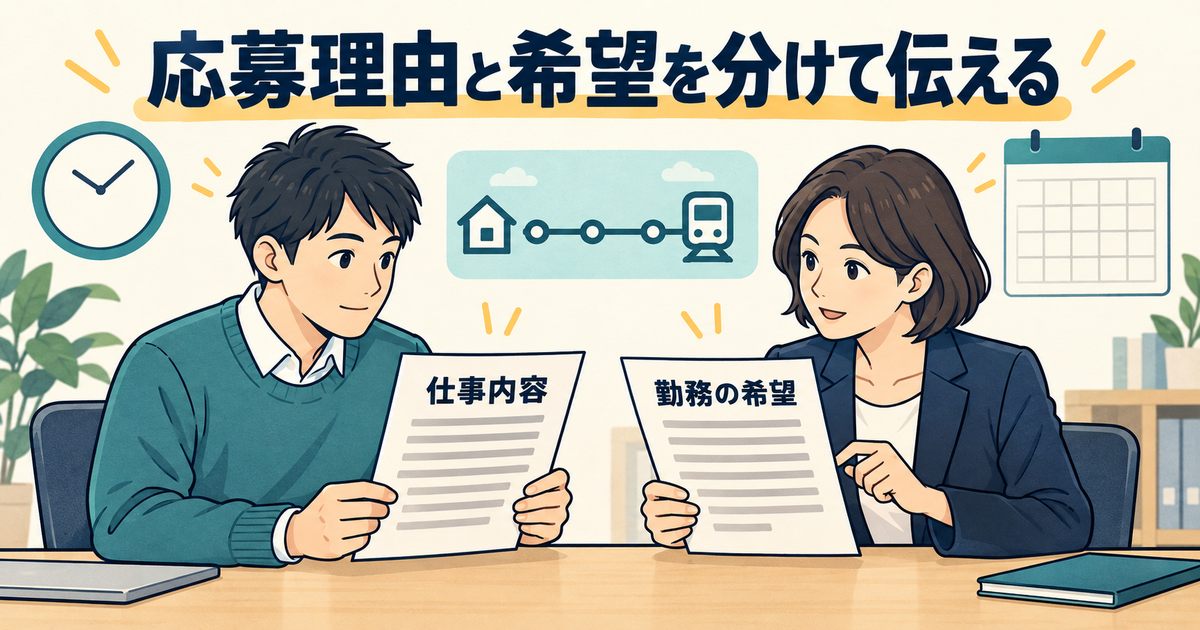 仕事内容への応募理由と勤務時間や期間の希望を分けて相談する場面