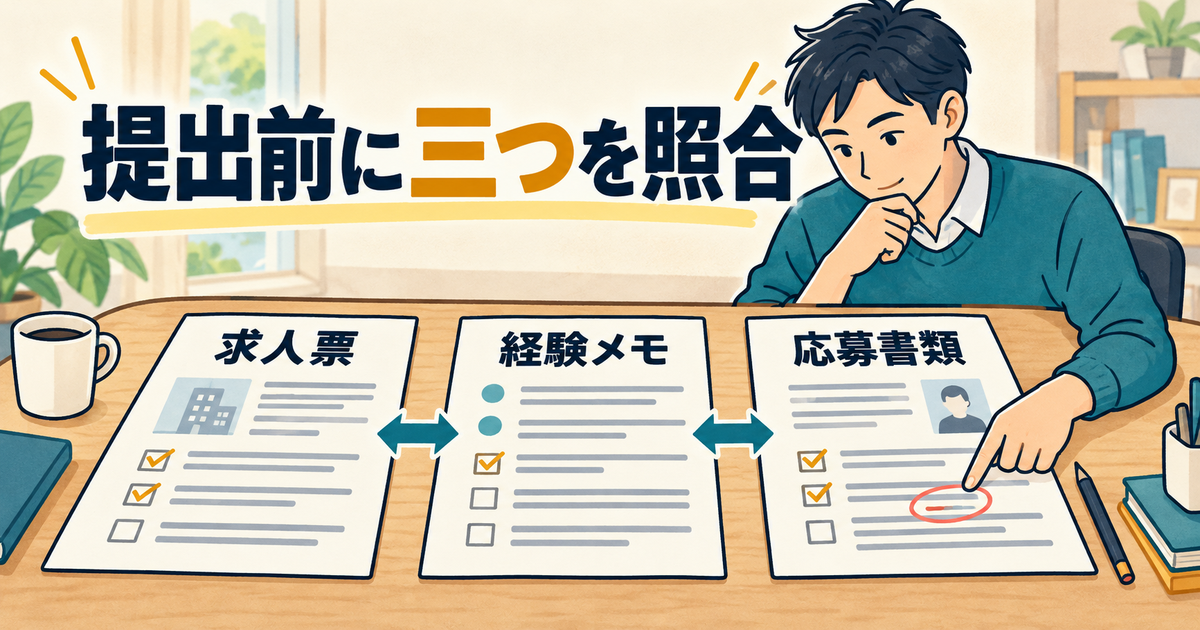 求人票と経験メモと応募書類を照合し、工程や勤務条件の食い違いを直す図