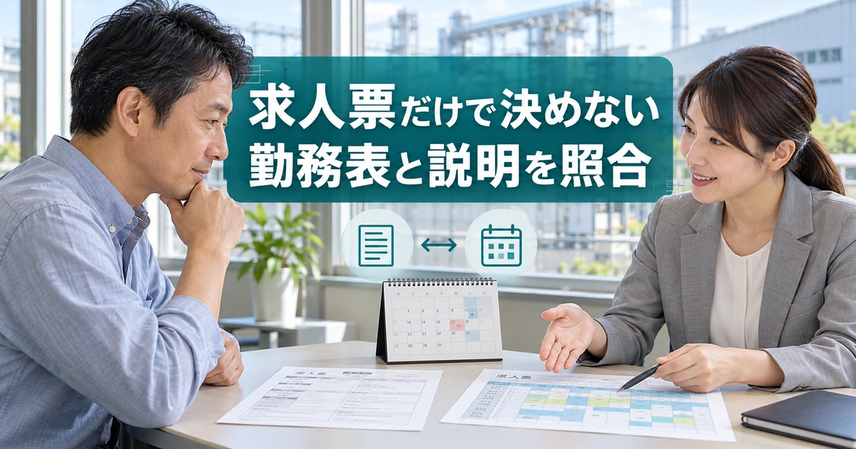 求人票だけで決めない。勤務表と説明を照合を説明する生成イメージ