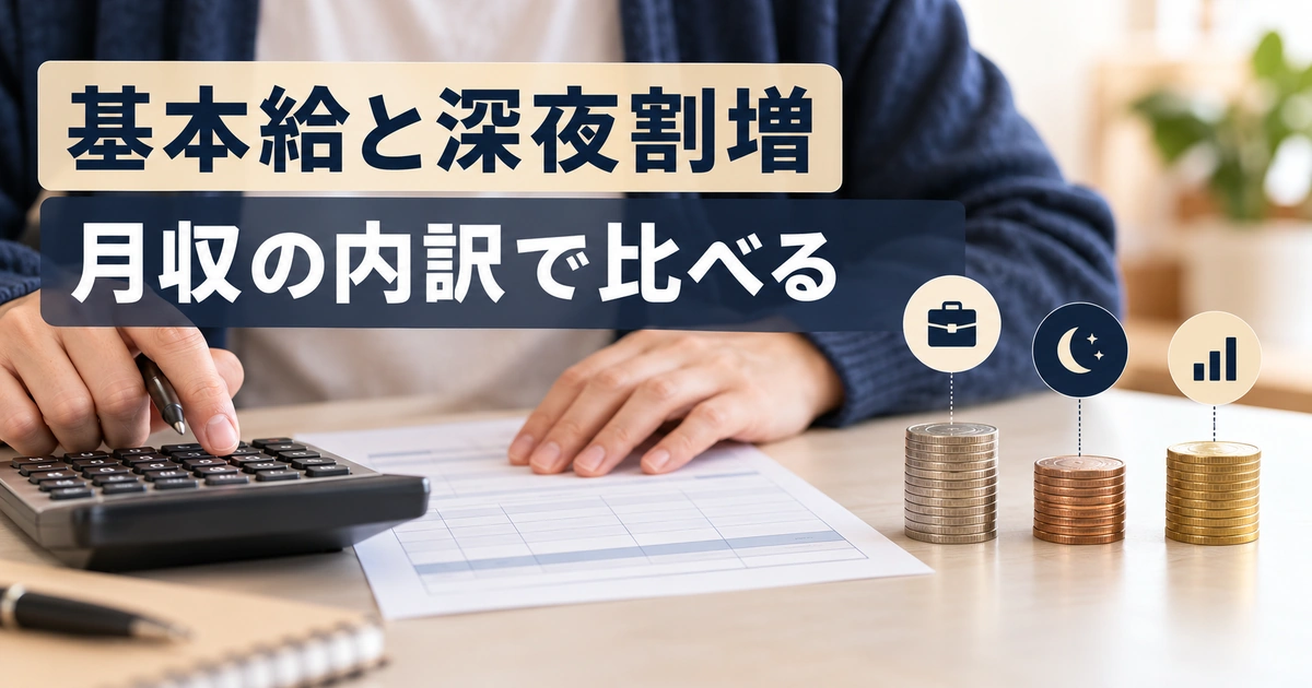 基本給と深夜割増。月収の内訳で比べるを説明する生成イメージ