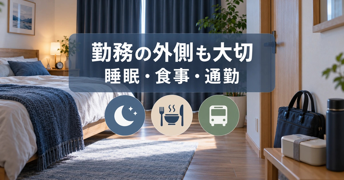 勤務の外側も大切。睡眠・食事・通勤を説明する生成イメージ