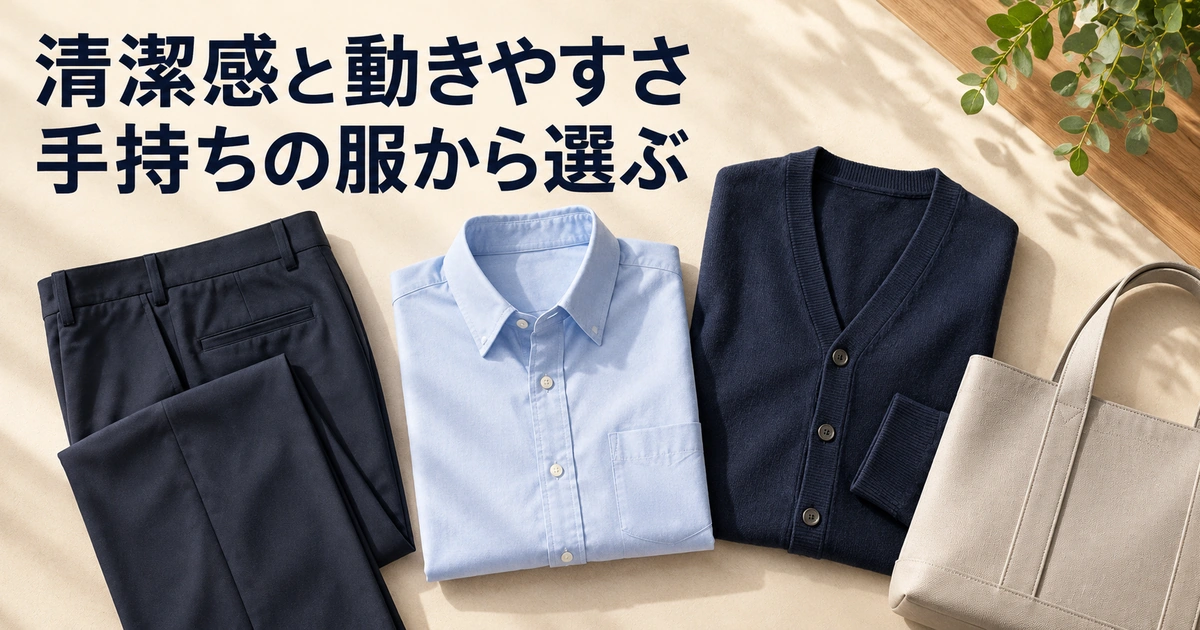 清潔感と動きやすさ。手持ちの服から選ぶを説明する生成イメージ