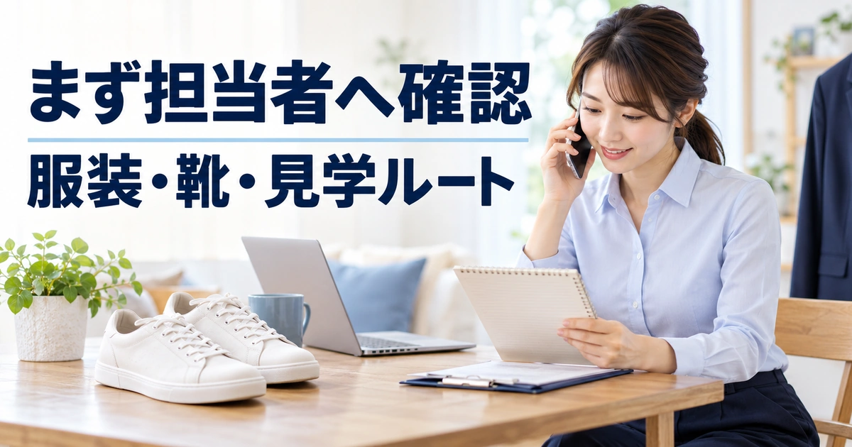 まず担当者へ確認。服装・靴・見学ルートを説明する生成イメージ