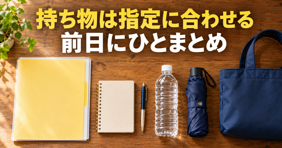 持ち物は指定に合わせる。前日にひとまとめを説明する生成イメージ