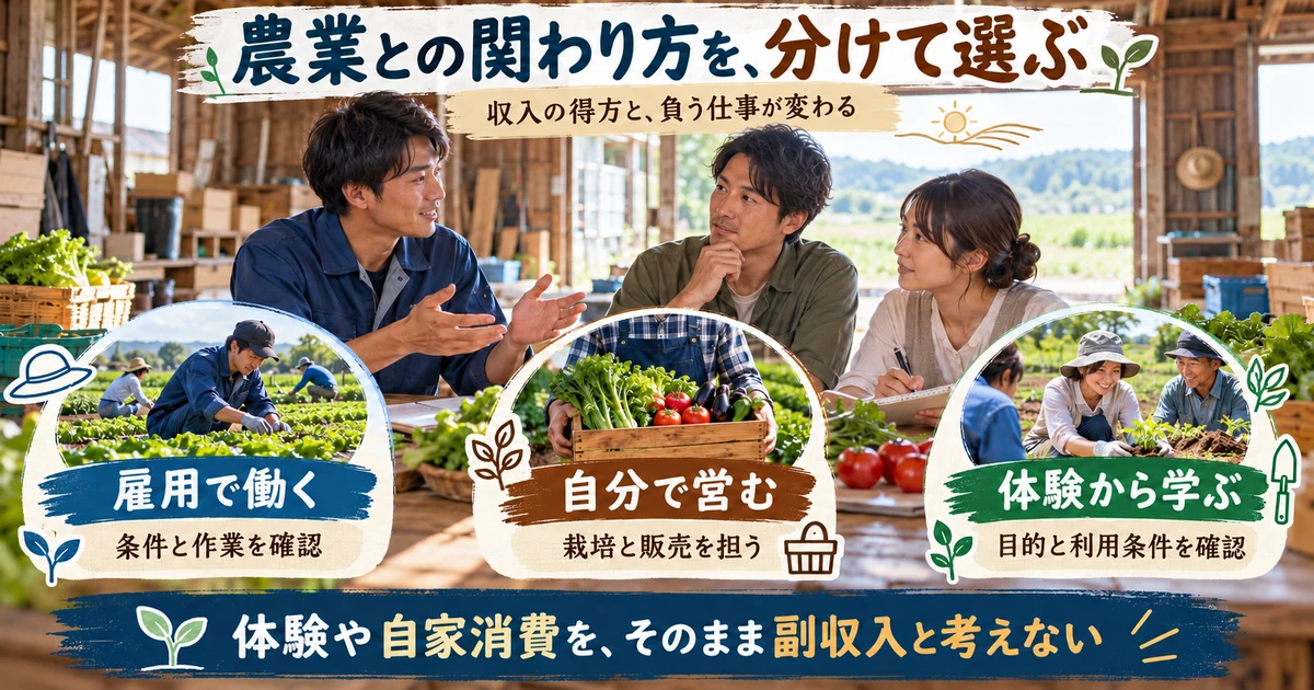 雇用で働く、自分で営む、体験から学ぶ三つの農業との関わり方を示す生成画像