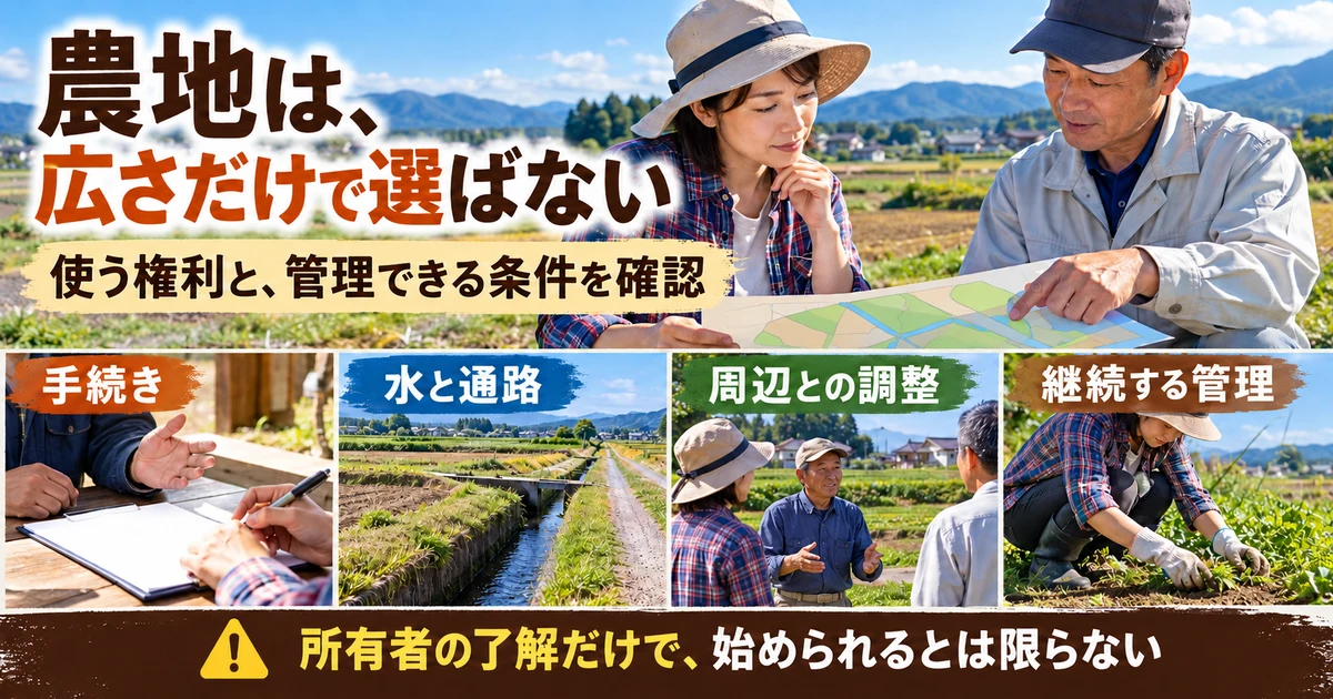 農地の手続き、水と通路、周辺との調整、継続管理を確認する生成画像