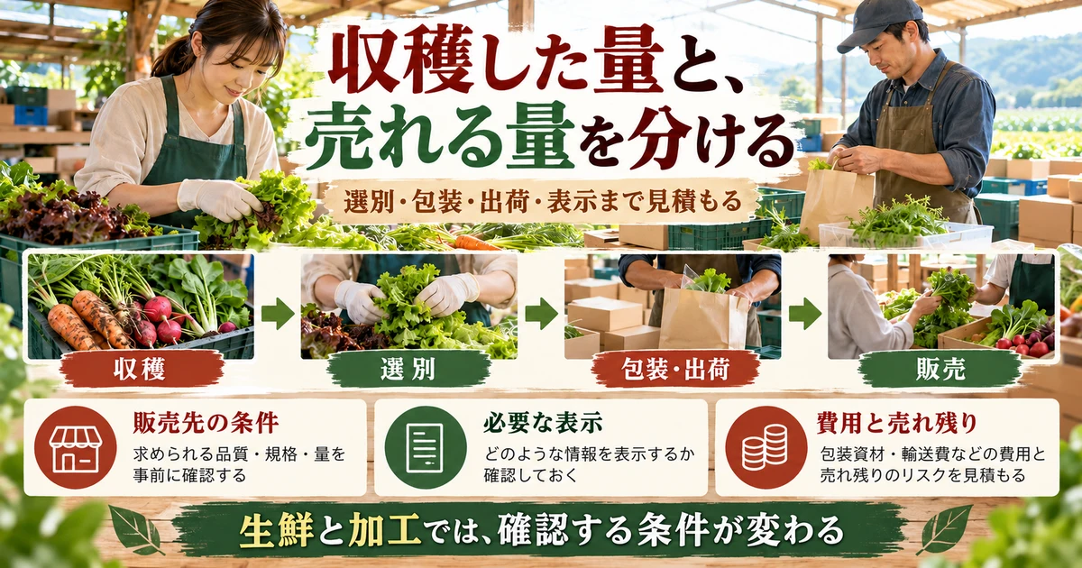 収穫から選別、包装出荷、販売と表示までの仕事を示す生成画像